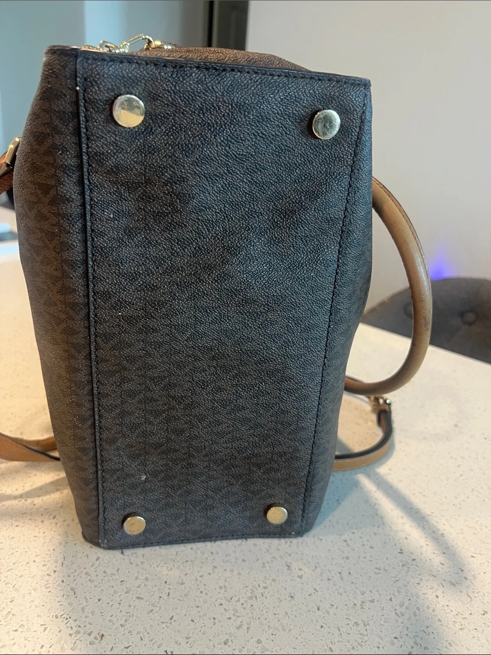 Michael Kors Brown and Tan Satchel with Gold Lock Accent